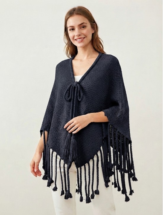 Cozy Poncho W/ Bow and Tassels